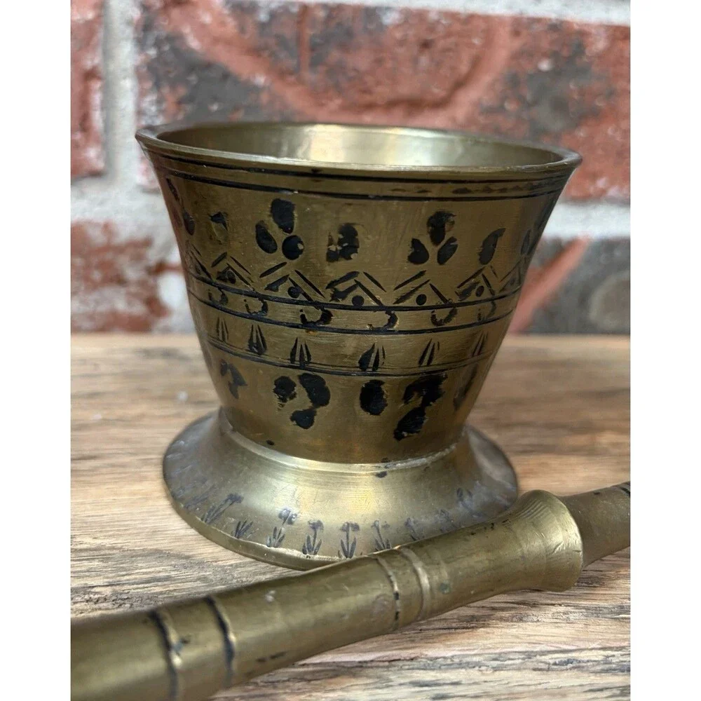 Vintage Brass Mortar & Pestle Set Hand Decorated Geometric Design